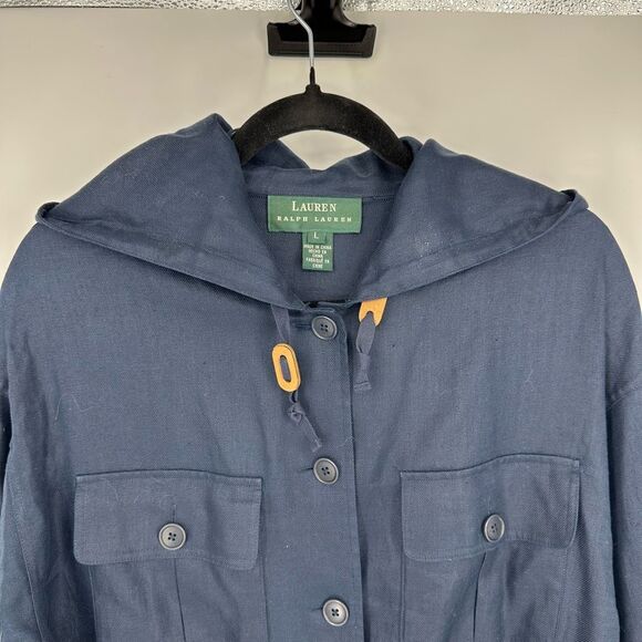 Vintage Lauren Ralph Lauren Linen Utility Jacket Navy Womens L Hooded Coastal - Picture 12 of 13